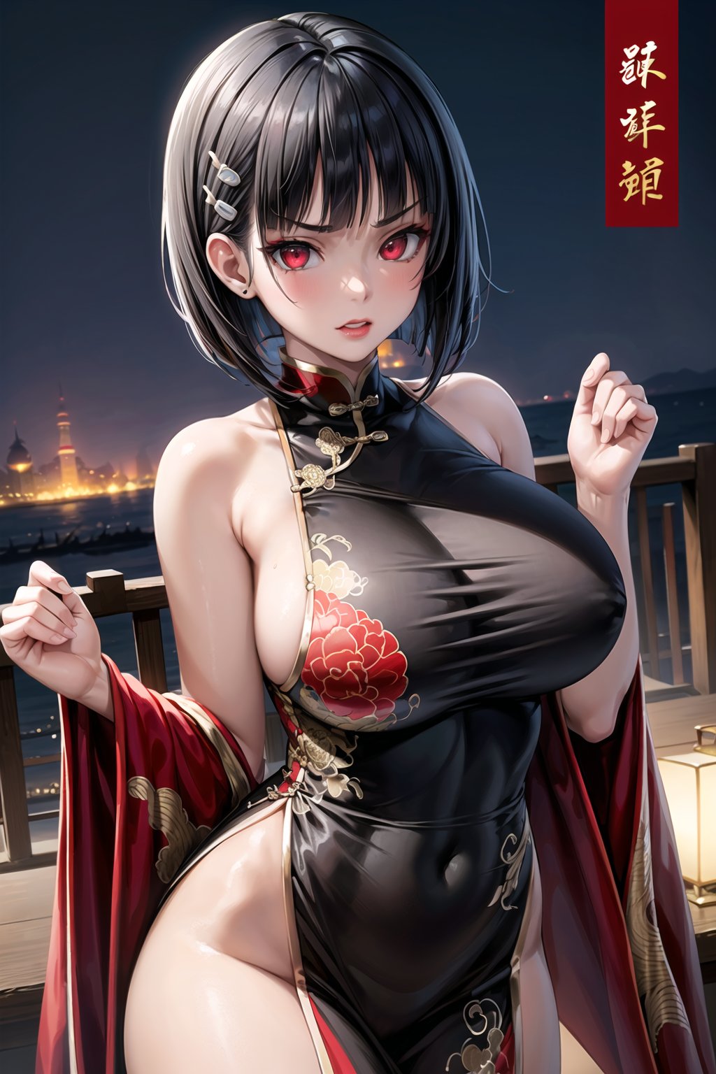 (best quality), (highly detailed), masterpiece, (official art),(suguha, short hair, black hair, bob cut, hairclip, hair ornament, blunt bangs),(red eyes),red lips, lips:1.3, huge brest, makeup:1.3, angry, serious,(((black china dress))), ((bare shoulder,sleeveless)),,looking at viewer, china, asiática, city, night, sky, (intricately detailed, hyperdetailed), blurry background,depth of field, best quality, masterpiece, intricate details, tonemapping, sharp focus, hyper detailed, trending on Artstation,1 girl, high res, official art,chinese dress