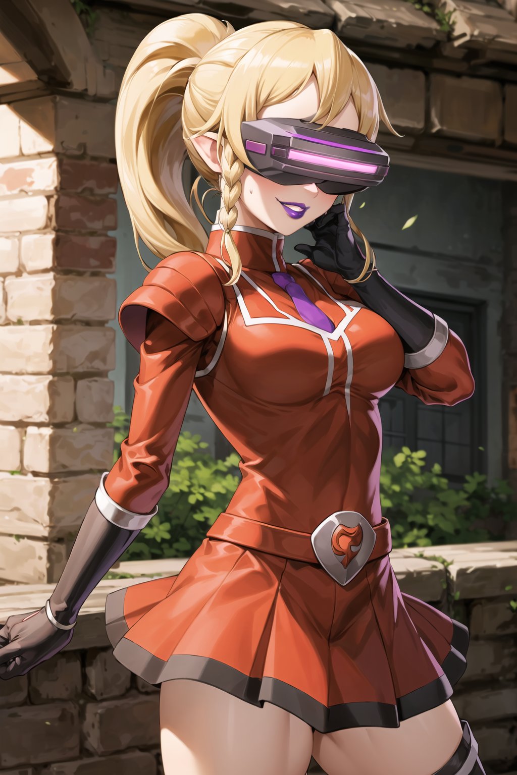 (best quality), (highly detailed), masterpiece, (official art), (leafa, pointy ears, long hair, ponytail, braid, blonde hair),  (team flare:1.2),  (((head-mounted display))), (((purple lips))), gloves,juliet_sleeves, long_sleeves , pleated skirt, thighhighs, thigh boots, dress, belt, red dress, pantyhose, (lips:1.2), ((evil smile)), (seductive pose:1.2), cowboy shot, looking at viewer, indoors, blurry background,depth of field, best quality, masterpiece, intricate details, tonemapping, sharp focus, hyper detailed, trending on Artstation,yang xiao long