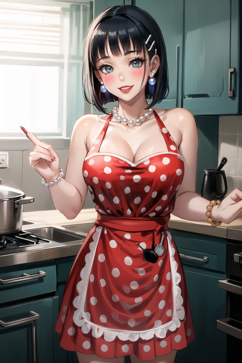 ((best quality)),  ((highly detailed)),  masterpiece,1girl, 1girl,  evil smile:1.2, smug, seductive smile, solo,   (Stepford),lips, makeup, lipstick,red lips, (pose:1.3),(polka dot:1.4), (polka dot dress:1.4),(pearl necklace:1.2), pearl bracelet, bare shoulders,(red dress:1.2),(aroused), blush ,standing,  (large pearl necklace), (hoop earrings:1.2),  (apron), blush,fingernails, kitchen, cooking, indoors, house, windows, cortain, food,suguha, short hair, black hair, bob cut, hairclip, hair ornament, 