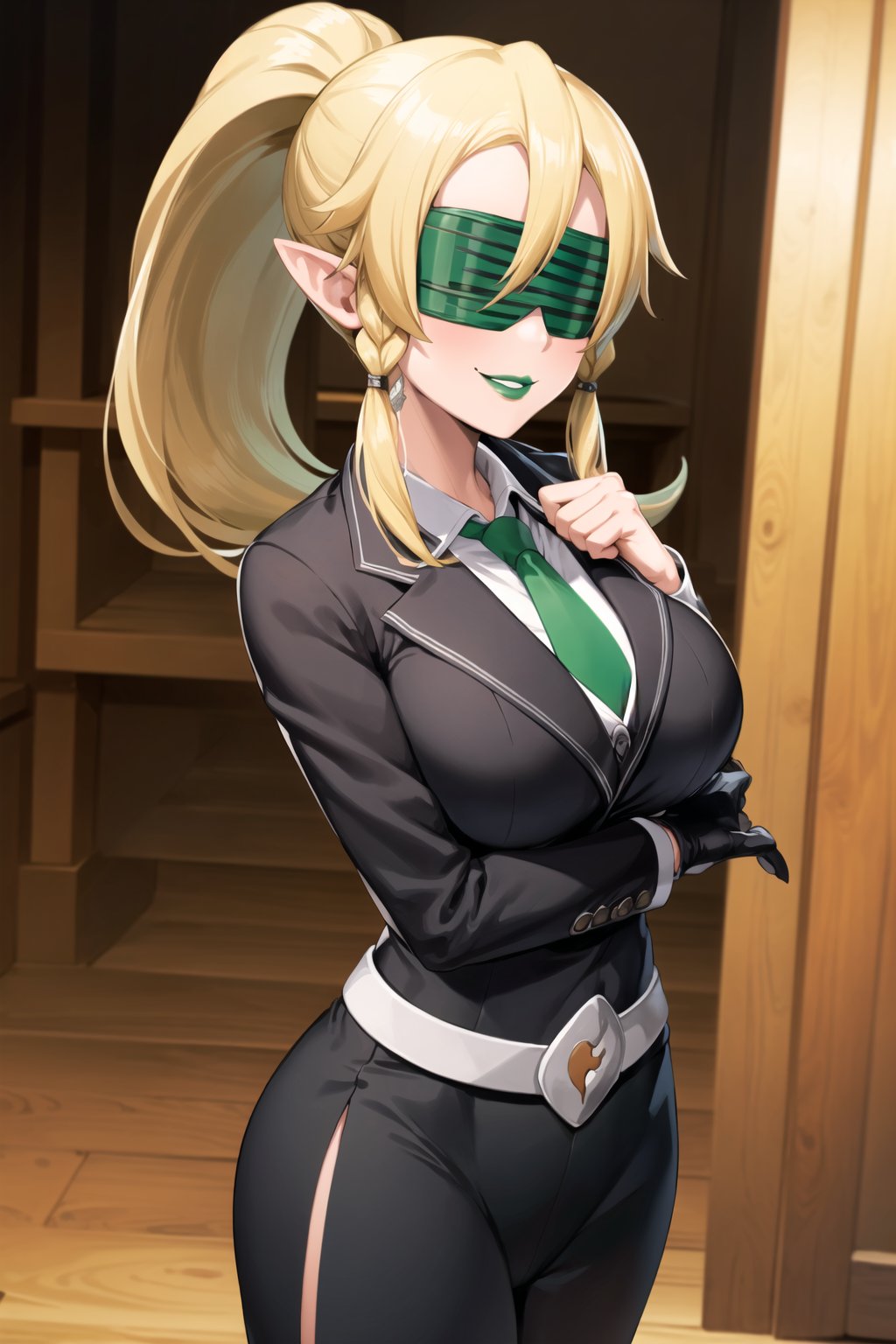 (best quality), (highly detailed), masterpiece, (official art), (leafa, pointy ears, long hair, ponytail, braid, blonde hair),  (team flare:1.2),  ((blindfold)), ((green lips)), white shirt, necktie, red suit, pencil skirt, belt, Black pantyhose, formal(lips:1.2), ((evil smile)), (seductive pose:1.2), cowboy shot, looking at viewer, indoors, blurry background,depth of field, best quality, masterpiece, intricate details, tonemapping, sharp focus, hyper detailed, trending on Artstation