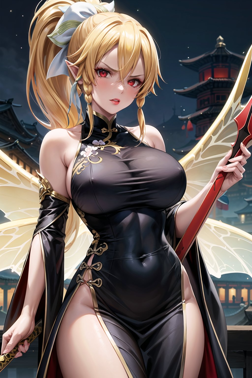 (best quality), (highly detailed), masterpiece, (official art),(leafa, pointy ears, long hair, ponytail, braid, blonde hair),(red eyes),red lips, lips:1.3, huge brest, makeup:1.3, angry, serious,sword, holding weapon, holding sword,fantasy, fairy wings, red wings,(((black china dress))), ((bare shoulder,sleeveless)),,looking at viewer, china, asiática, city, night, sky, (intricately detailed, hyperdetailed), blurry background,depth of field, best quality, masterpiece, intricate details, tonemapping, sharp focus, hyper detailed, trending on Artstation,1 girl, high res, official art,chinese dress