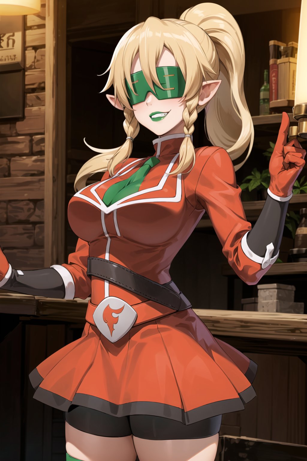 (best quality), (highly detailed), masterpiece, (official art), (leafa, pointy ears, long hair, ponytail, braid, blonde hair),  (team flare:1.2),  ((blindfold)), ((green lips)), gloves,juliet_sleeves, long_sleeves , pleated skirt, thighhighs, thigh boots, dress, belt, red dress, pantyhose, (lips:1.2), ((evil smile)), (seductive pose:1.2), cowboy shot, looking at viewer, indoors, blurry background,depth of field, best quality, masterpiece, intricate details, tonemapping, sharp focus, hyper detailed, trending on Artstation,yang xiao long