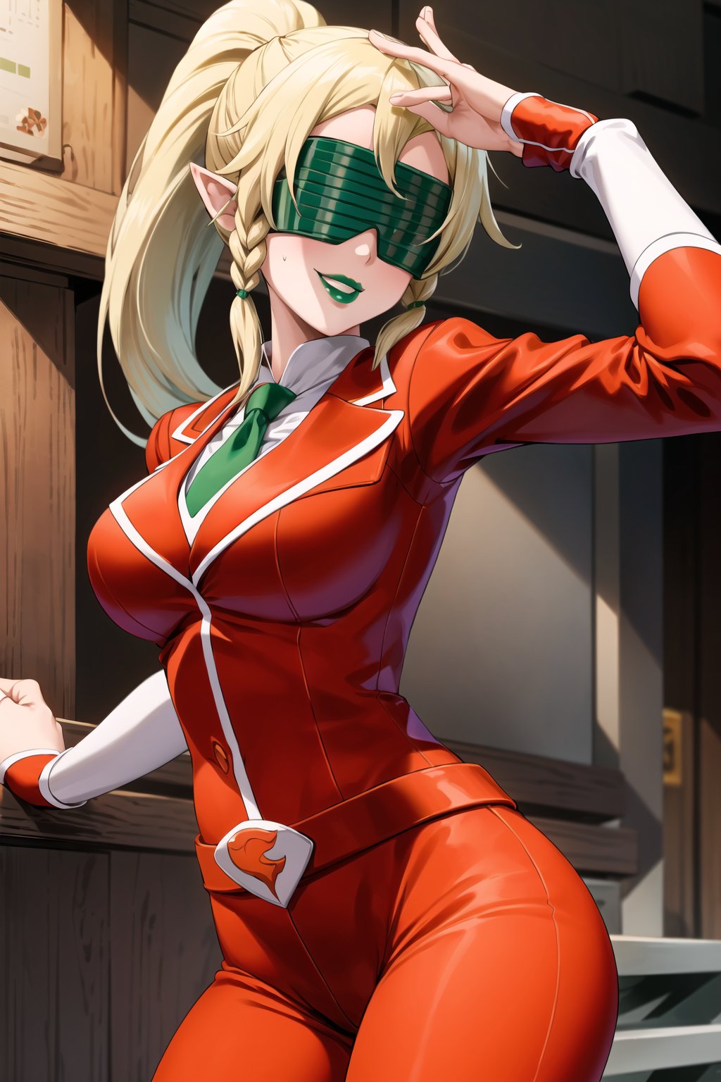 (best quality), (highly detailed), masterpiece, (official art), (leafa, pointy ears, long hair, ponytail, braid, blonde hair),  (team flare:1.2),  ((blindfold)), ((green lips)), white shirt, necktie, ((red suit,red jacket)), pencil skirt, belt, Black pantyhose, formal(lips:1.2), ((evil smile)), (seductive pose:1.2), cowboy shot, looking at viewer, indoors, blurry background,depth of field, best quality, masterpiece, intricate details, tonemapping, sharp focus, hyper detailed, trending on Artstation