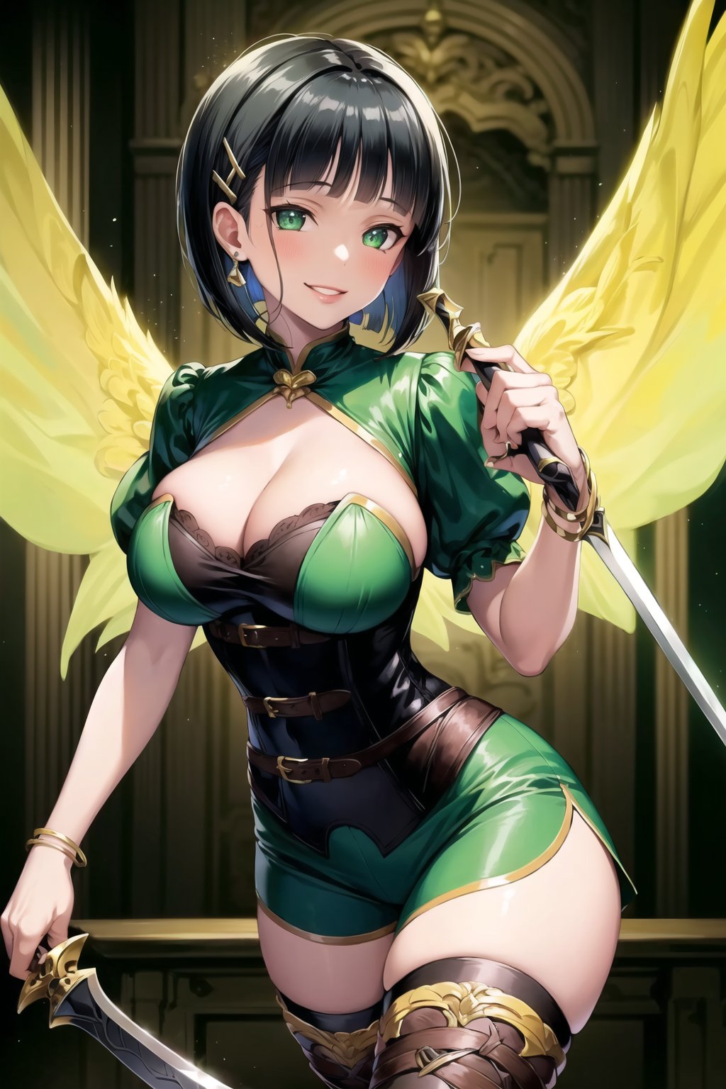 (best quality), (highly detailed), masterpiece, (official art), (suguha, short hair, black hair, bob cut, hairclip, hair ornament, blunt bangs), green dress, corset, thighhighs, holding, cleavage, jewelry, boots, wings, shorts, sword, holding weapon, bracelet, white thighhighs, brown footwear, holding sword, knee boots, white shorts, fantasy, fairy wings, green wings, (lips:1.2), ((evil smile)), (seductive pose), cowboy shot, looking at viewer, indoors, blurry background,depth of field, best quality, masterpiece, intricate details, tonemapping, sharp focus, hyper detailed, trending on Artstation