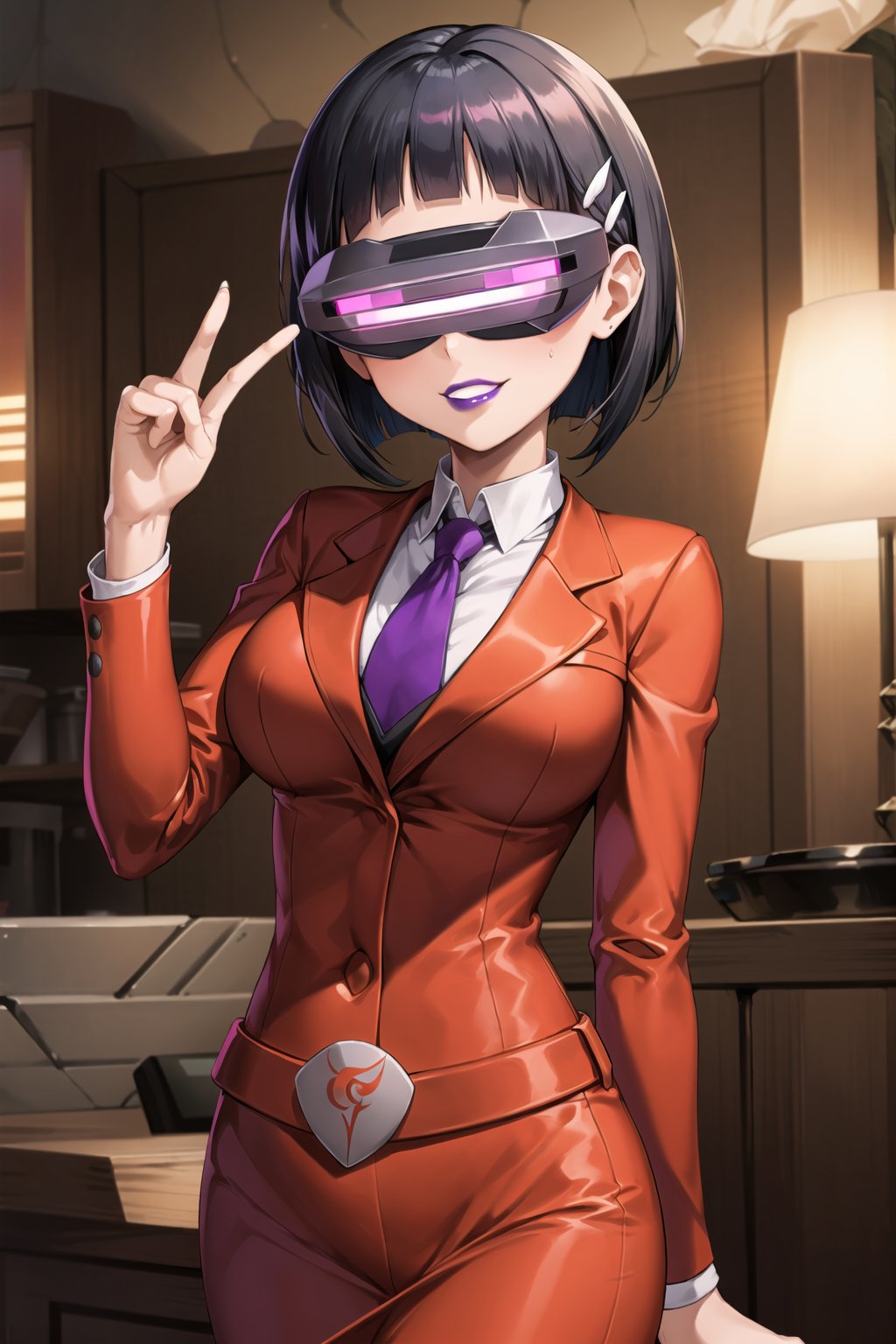 (best quality), (highly detailed), masterpiece, (official art), (suguha, short hair, black hair, bob cut, hairclip, hair ornament, blunt bangs),  (team flare:1.2),  (((head-mounted display))), (((purple lips))), white shirt, necktie, red suit, pencil skirt, belt, Black pantyhose, formal(lips:1.2), ((evil smile)), (seductive pose:1.2), cowboy shot, looking at viewer, indoors, blurry background,depth of field, best quality, masterpiece, intricate details, tonemapping, sharp focus, hyper detailed, trending on Artstation