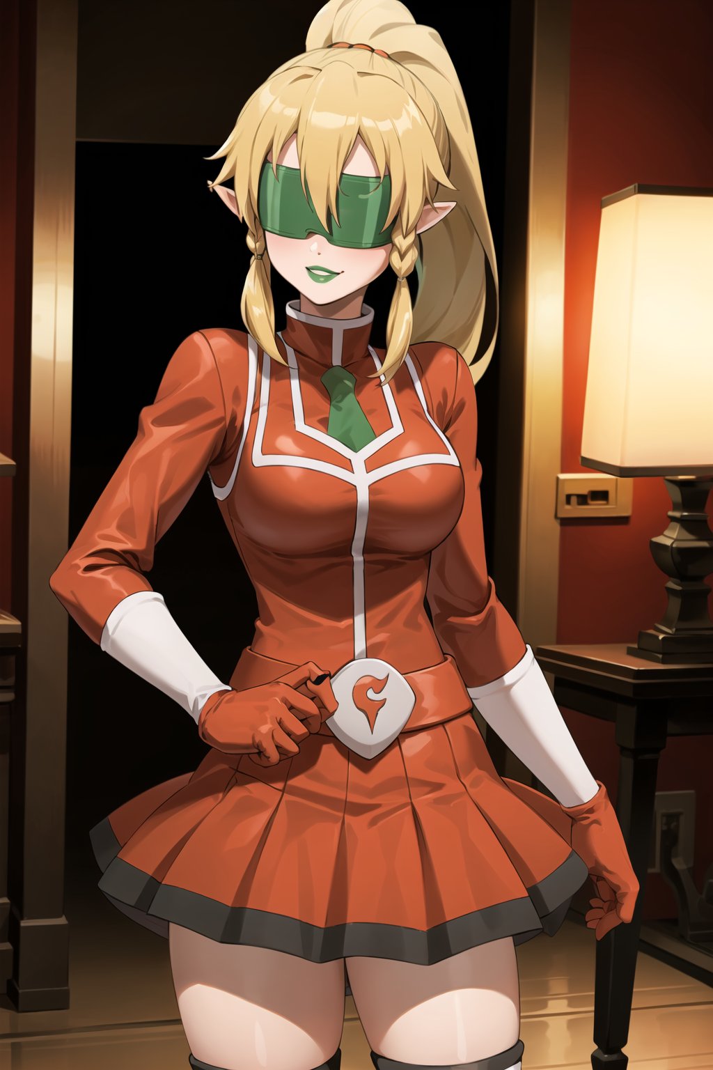 (best quality), (highly detailed), masterpiece, (official art), (leafa, pointy ears, long hair, ponytail, braid, blonde hair),  (team flare:1.2),  ((blindfold)), ((green lips)), gloves,juliet_sleeves, long_sleeves , pleated skirt, thighhighs, thigh boots, dress, belt, red dress, pantyhose, (lips:1.2), ((evil smile)), (seductive pose:1.2), cowboy shot, looking at viewer, indoors, blurry background,depth of field, best quality, masterpiece, intricate details, tonemapping, sharp focus, hyper detailed, trending on Artstation,yang xiao long