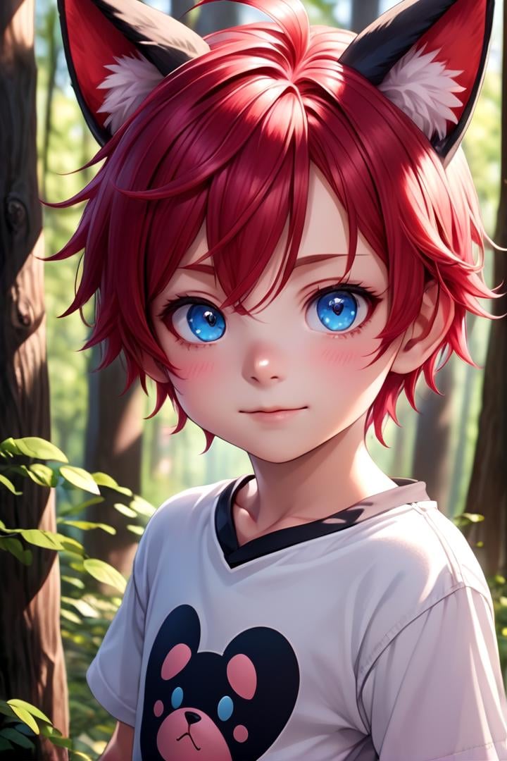 1boy, aki, crimson hair, crimson animal ears, masterpiece, ultra detail, forest, blue eyes, (cute shirt:1.3)