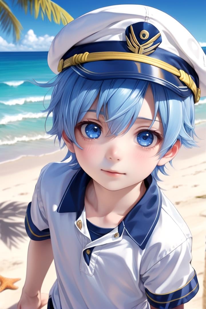 1boy, aoi , blue hair, hat, masterpiece, ultra detail, beach, blue eyes, (cute shirt:1.3), captains cap