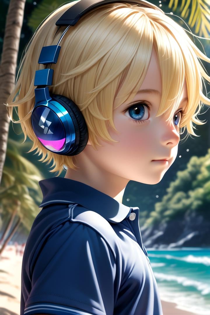 aoki, 1boy, masterpiece, ultra detail, forest, (blue eyes:0.5), (polo shirt:1.3), short pants, blonde hair, sea, beach, headphones,sparkling eyes, (side profile:1.6)