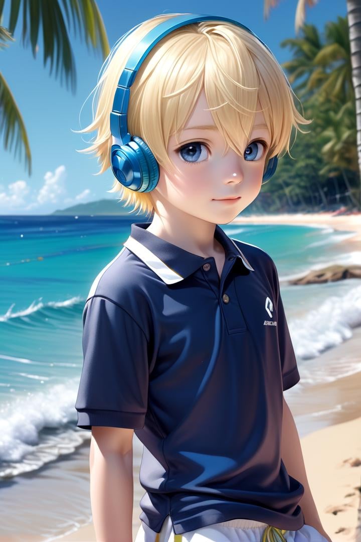 aoki, 1boy, masterpiece, ultra detail, forest, (blue eyes:0.5), (polo shirt:1.3), short pants, blonde hair, sea, beach, headphones,sparkling eyes, (side profile:1.6)
