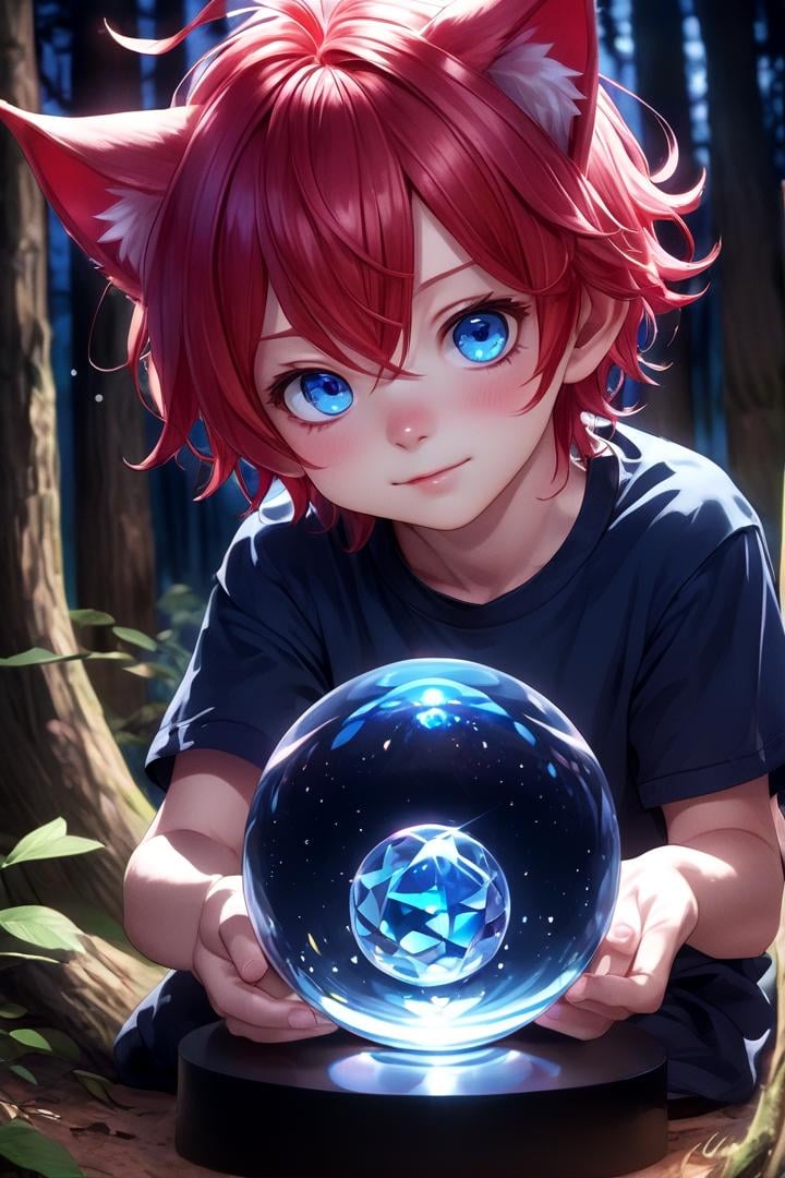 1boy, aki, crimson hair, crimson animal ears, masterpiece, ultra detail, forest, blue eyes, (cute shirt:1.3) <lora:CrystalBall_1.0:0.6> crystal ball, night light