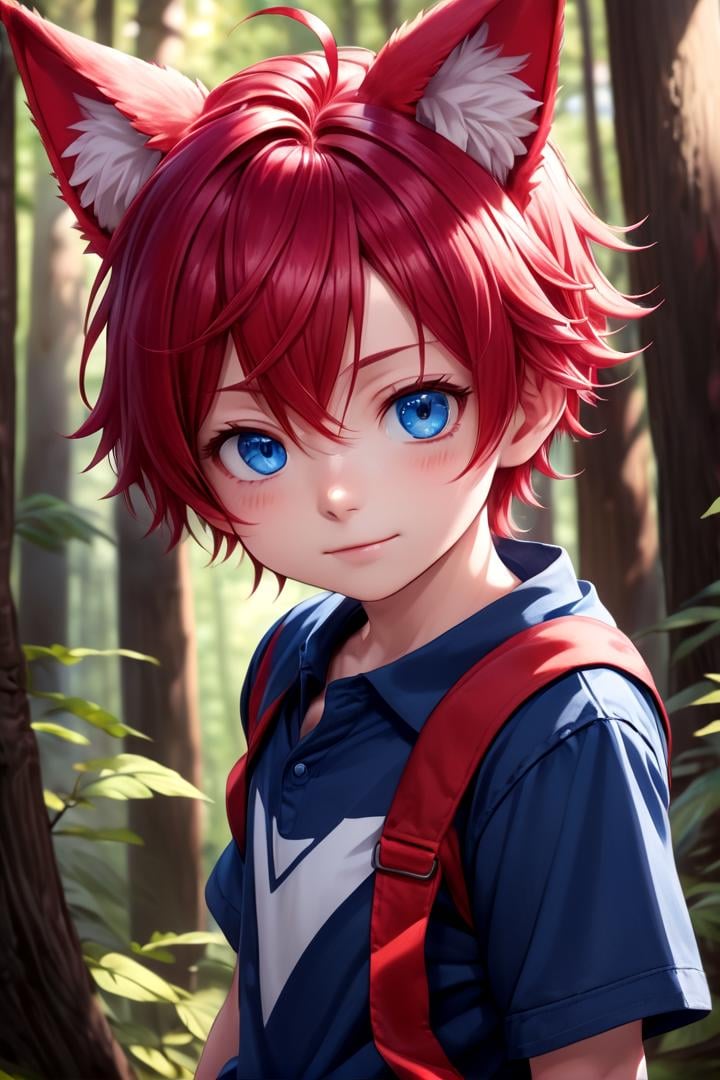 1boy, aki, crimson hair, crimson animal ears, masterpiece, ultra detail, forest, blue eyes, (cute shirt:1.3)