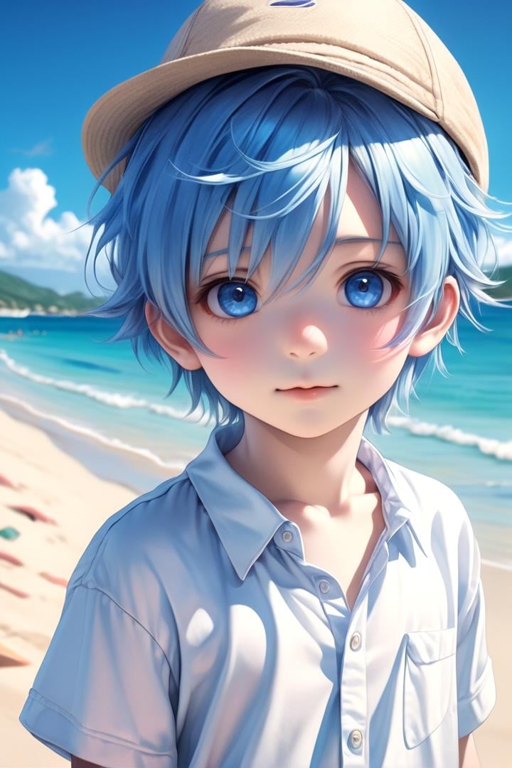 1boy, aoi , blue hair, hat, masterpiece, ultra detail, beach, blue eyes, (cute shirt:1.3)