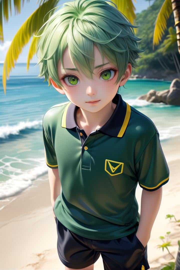 nobu 1boy, masterpiece, ultra detail, forest, (yellow eyes:0.5), (polo shirt:1.3), short pants, green hair, (yellow eyes:0.2), sea, full shot,