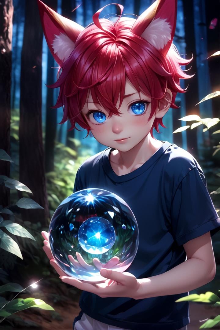 1boy, aki, crimson hair, crimson animal ears, masterpiece, ultra detail, forest, blue eyes, (cute shirt:1.3) <lora:CrystalBall_1.0:0.6> crystal ball, night light