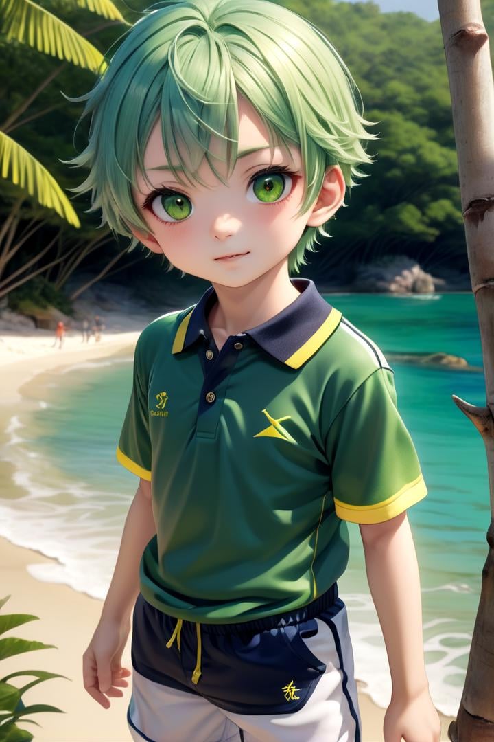 nobu 1boy, masterpiece, ultra detail, forest, (yellow eyes:0.5), (polo shirt:1.3), short pants, green hair, (yellow eyes:0.2), sea, full shot,