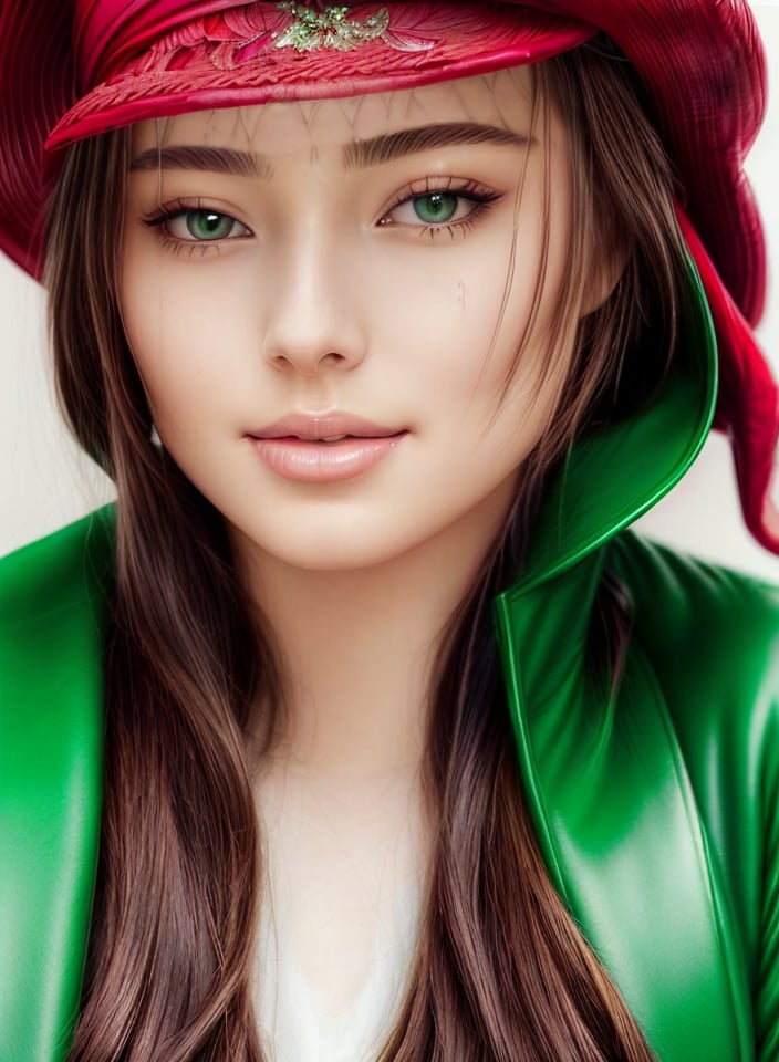 Watercolor painting of an beautiful woman with a red hat and a green coat, perfect face, perfect eyes, perfect lips, slight smile, glamorous, gorgeous, delicate, romantic, Harrison Fisher, Watercolor, trending on artstation, sharp focus, studio photo, intricate details, highly detailed, by greg rutkowski,gentleman