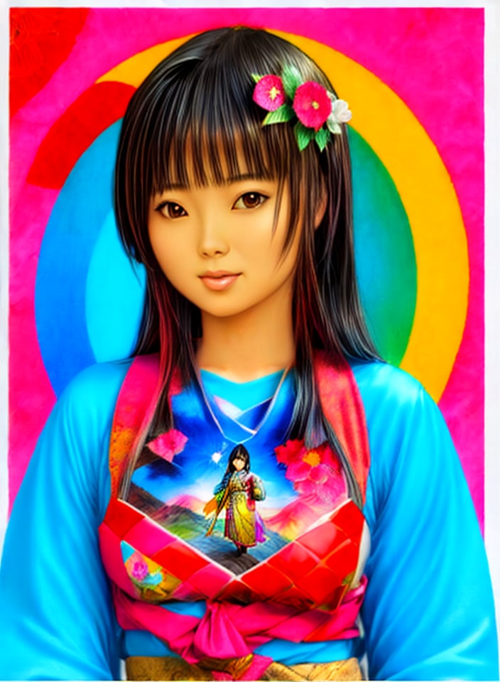 Exotic,folk rock art style beautiful, japanese fashion woman sketch.,comic book,cartoon, linocute,colors,mix media,collage, vector for t-shirt, mosaic effect, 3D, high resolution, 4k