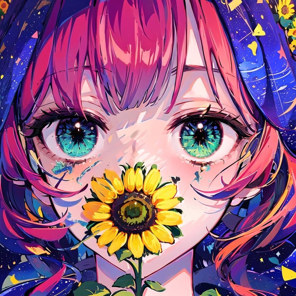 Beautiful woman, red hair, sunflower field, amber eyes, 8k, cowboy_shot, best quality, (van gogh, starry night background), detailed hair, detailed eyes,enchant~eye