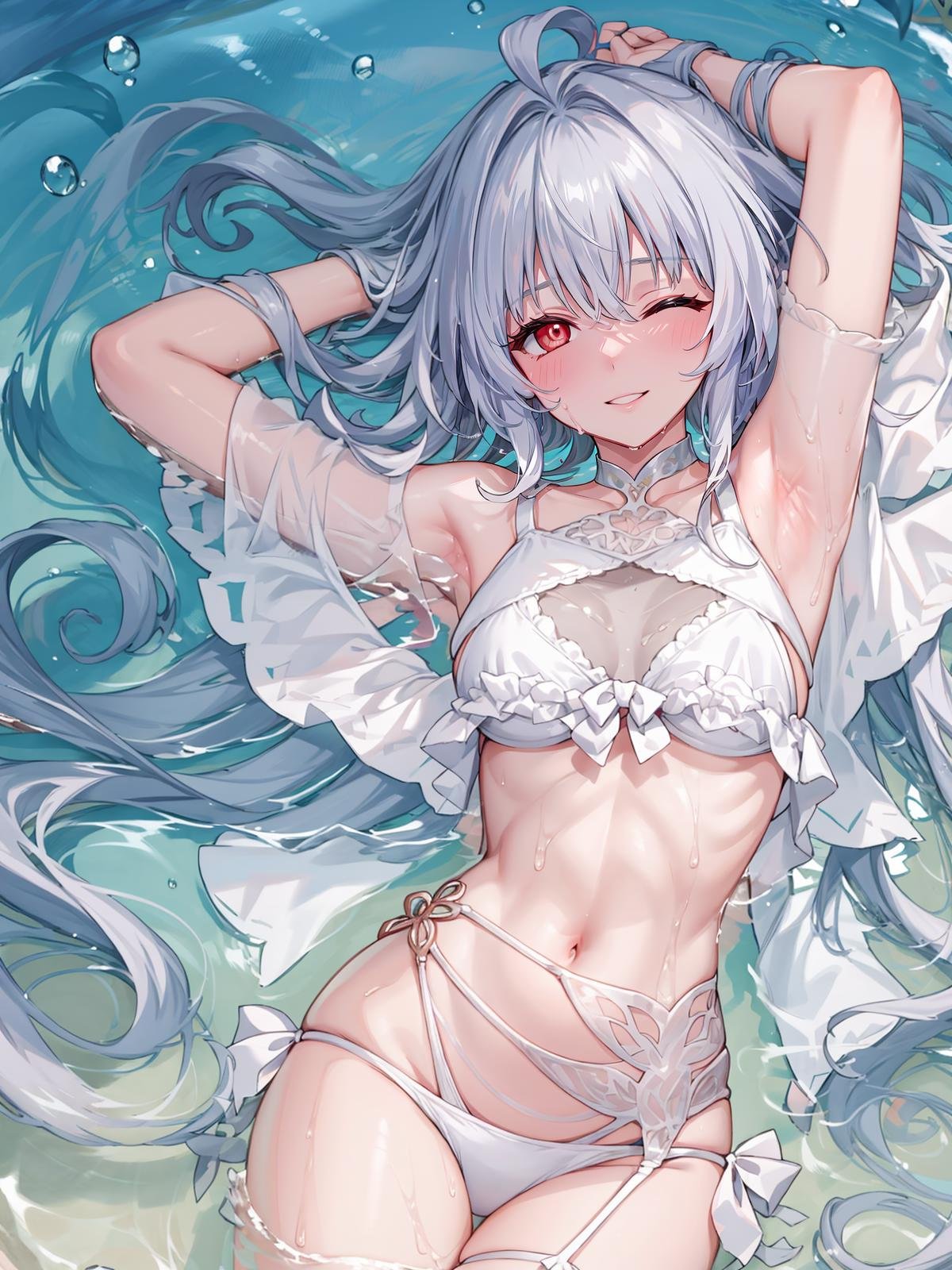 (extremely detailed CG, best quality:1.1), 1girl, perfect face, bright pupils, (finely detailed beautiful eyes:1.1), half-closed eyes, mischievous smile, naughty face, shiny skin, lustrous skin, wide hips, narrow waist, very long hair, white hair, red eyes, swimsuit, ahoge, white bikini, frills, frilled bikini, midriff, groin, lying, on back, floating, on water, arms up, floating hair, from above,  wet, wet skin<lora:LadyAvalonSecondAsc:0.75>