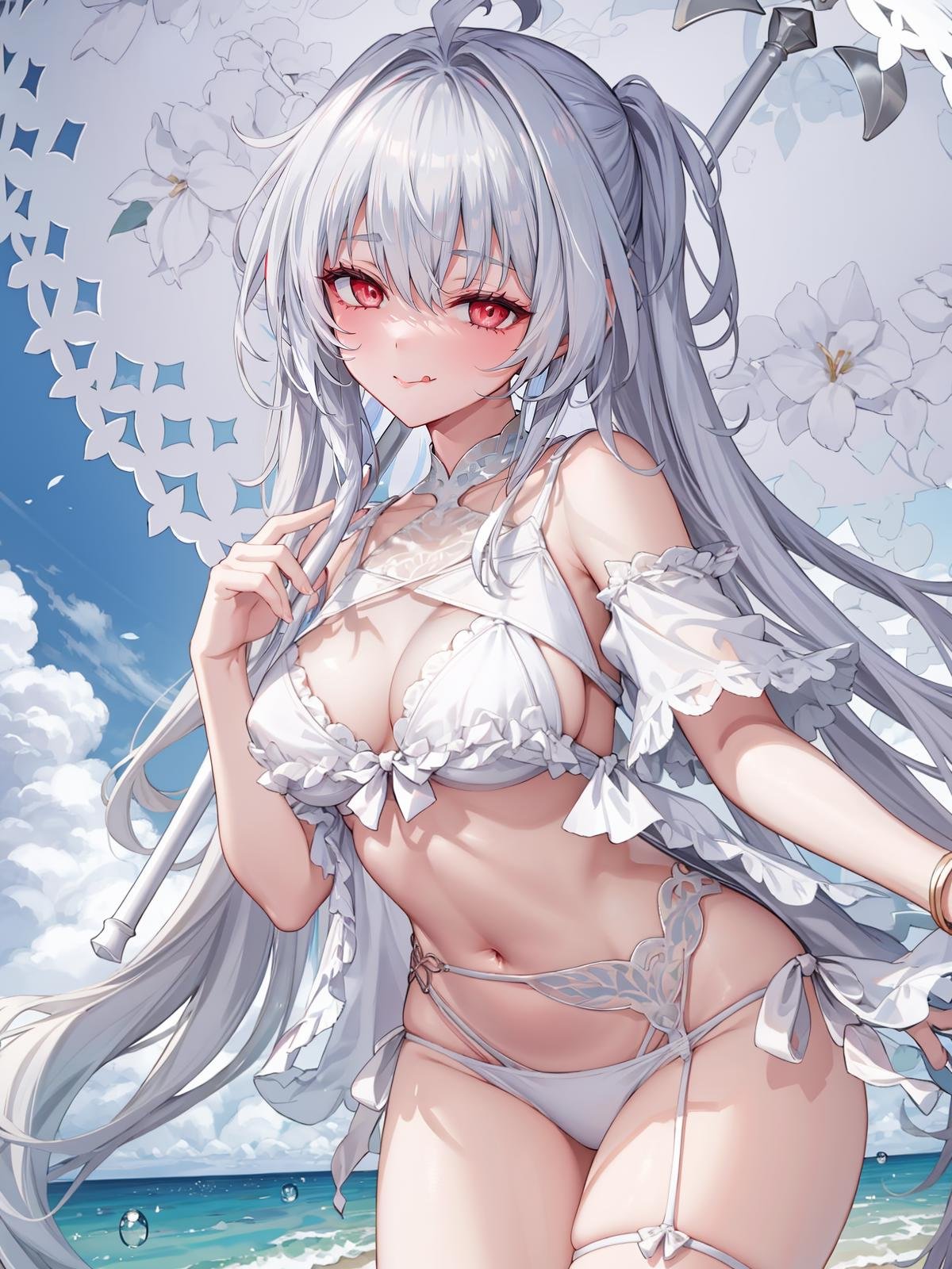 (extremely detailed CG, best quality:1.1), 1girl, perfect face, bright pupils, (finely detailed beautiful eyes:1.1), half-closed eyes, mischievous smile, shiny skin, lustrous skin, wide hips, narrow waist, very long hair, white hair, red eyes, swimsuit, ahoge, white bikini, frills, frilled bikini, tongue, tongue out, umbrella, licking lips, parasol, midriff, groin,  <lora:LadyAvalonSecondAsc:0.75>