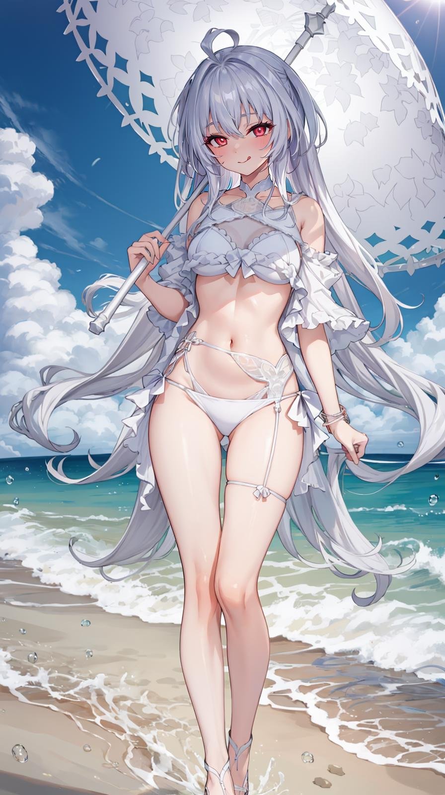 (extremely detailed CG, best quality:1.1), 1girl, perfect face, bright pupils, (finely detailed beautiful eyes:1.1), half-closed eyes, mischievous smile, shiny skin, lustrous skin, wide hips, narrow waist, very long hair, white hair, red eyes, swimsuit, ahoge, white bikini, frills, frilled bikini, tongue, tongue out, umbrella, licking lips, parasol, midriff, groin, full body, standing, depth of field,   <lora:LadyAvalonSecondAsc:0.75>