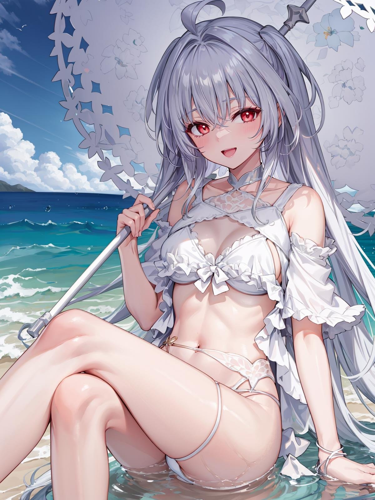 (extremely detailed CG, best quality:1.1), 1girl, perfect face, bright pupils, (finely detailed beautiful eyes:1.1), half-closed eyes, mischievous smile, shiny skin, lustrous skin, wide hips, narrow waist, very long hair, white hair, red eyes, swimsuit, ahoge, white bikini, frills, frilled bikini, umbrella, :d, parasol, midriff, groin, full body, sitting, crossed legs, depth of field,   <lora:LadyAvalonSecondAsc:0.75>