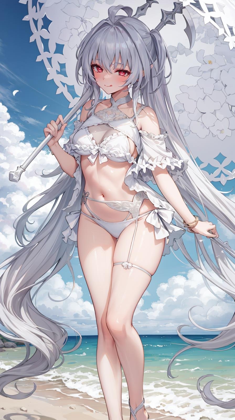 (extremely detailed CG, best quality:1.1), 1girl, perfect face, bright pupils, (finely detailed beautiful eyes:1.1), half-closed eyes, mischievous smile, shiny skin, lustrous skin, wide hips, narrow waist, very long hair, white hair, red eyes, swimsuit, ahoge, white bikini, frills, frilled bikini, tongue, tongue out, umbrella, licking lips, parasol, midriff, groin, full body, standing, depth of field,   <lora:LadyAvalonSecondAsc:0.75>