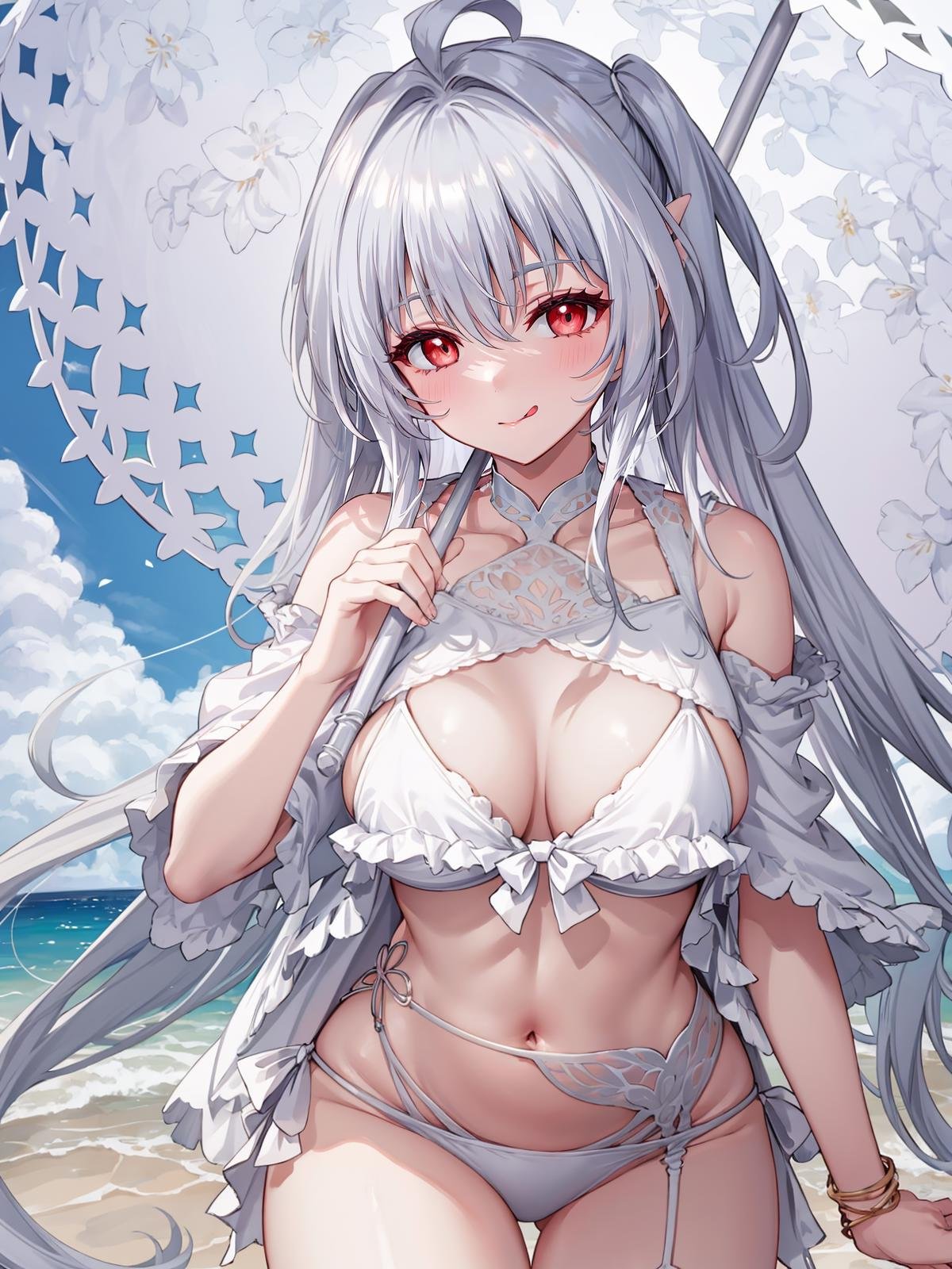 (extremely detailed CG, best quality:1.1), 1girl, perfect face, bright pupils, (finely detailed beautiful eyes:1.1), half-closed eyes, mischievous smile, shiny skin, lustrous skin, wide hips, narrow waist, very long hair, white hair, red eyes, swimsuit, ahoge, white bikini, frills, frilled bikini, tongue, tongue out, umbrella, licking lips, parasol, midriff, groin,  <lora:LadyAvalonSecondAsc:0.75>