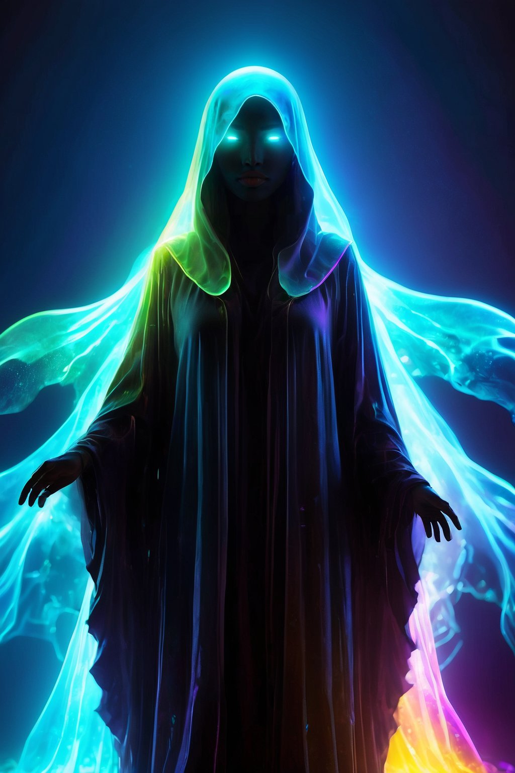 Ultra detailed illustration of a ghostly robed woman silhouette, phantasmagorical and translucent figure:1.5, translucent creature:1.5, art inspired by Mschiffer, vibrant neon lights, sparkling light particles, colorful scene with CMYK colors, strong backlighting, by FuturEvoLab, (masterpiece: 2), best quality, ultra highres, original, extremely detailed, perfect lighting, Strong Backlit Particles, Mecha,