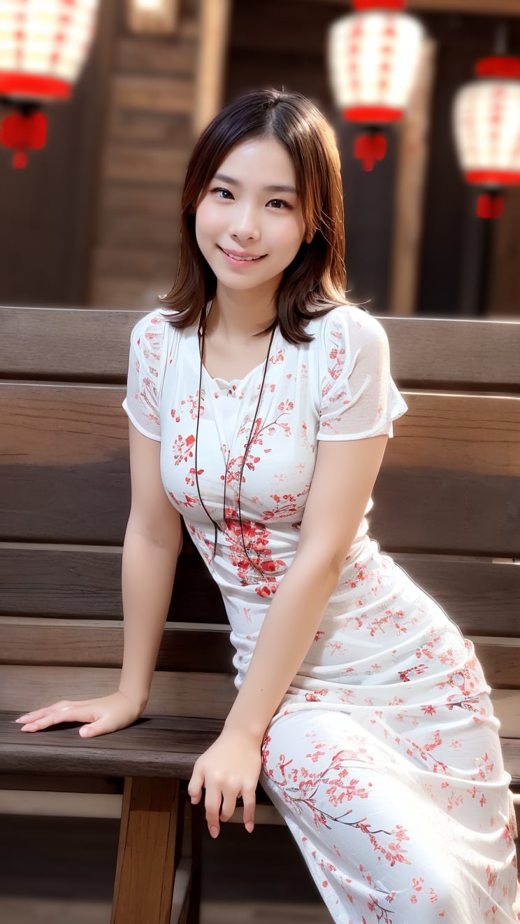 Create an photography, realistic image of a 25year-old beautiful Asian woman with fair skin, long Brown hair, piercing blue eyes, a normal-sized nose, and full, pouty lips. She stands at 5’9” and weighs around 170 pounds, curvier, with a confident posture, sitting crossed legs on a wooden bench, wearing a traditional extra short, red and white floral patterned dress, sitting on a wooden bench holding a fan , surrounded by red  lanterns with decorations and gold calligraphy with, indoors with wooden lattice and dramatic shadows, dark background with soft light from above, smiling looking at the camera. HD high resolution 8k realistic .
,Peggy