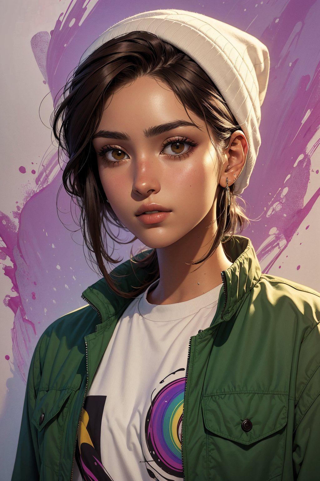 1girl, solo, a beautiful woman, 19 years old, oil painting, impasto, looking at viewer, short brown hair, hair shaved on the sides, Red  knit cap,  brown eyes, brown skin, tomboy aesthetic, green jacket, white t-shirt with purple horizontal stripes, urban psychedelic outfit, psychedelic  background, masterpiece, ,sciamano240, soft shading, soft shading, 1girl, Luz Noceda