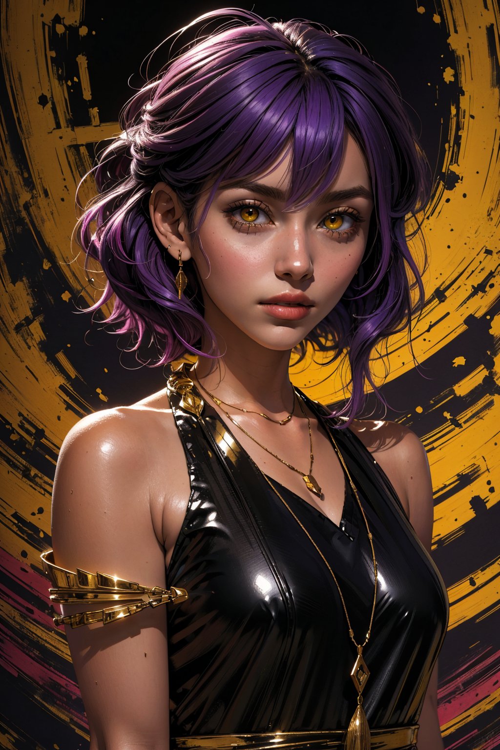 1girl, solo, a beautiful woman, 19 years old, oil painting, impasto, looking at viewer,  violet hair, long shoulder-length haircut, yellow eyes,  tomboy aesthetic, tribal necklace, urban psychedelic outfit, psychedelic  background, masterpiece, nijistyle, niji, ,sciamano240, soft shading, ARTSTYLE_AlexRoss_ComicArt_ownwaifu,soft shading,Hunter ,Amity Blight