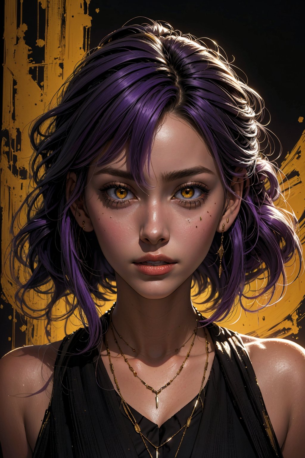 1girl, solo, a beautiful woman, 19 years old, oil painting, impasto, looking at viewer,  violet hair, long shoulder-length haircut, yellow eyes, pale skin, tomboy aesthetic, tribal necklace, urban psychedelic outfit, psychedelic  background, masterpiece, nijistyle, niji, ,sciamano240, soft shading, ARTSTYLE_AlexRoss_ComicArt_ownwaifu,soft shading,Hunter ,Amity Blight