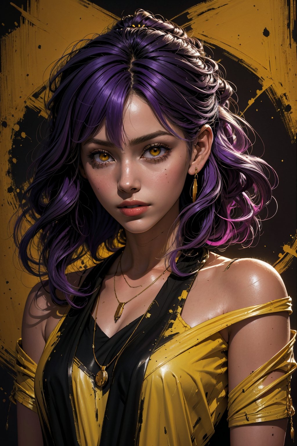 1girl, solo, a beautiful woman, 19 years old, oil painting, impasto, looking at viewer,  violet hair, long shoulder-length haircut, yellow eyes, pale skin, tomboy aesthetic, tribal necklace, urban psychedelic outfit, psychedelic  background, masterpiece, nijistyle, niji, ,sciamano240, soft shading, ARTSTYLE_AlexRoss_ComicArt_ownwaifu,soft shading,Hunter ,Amity Blight