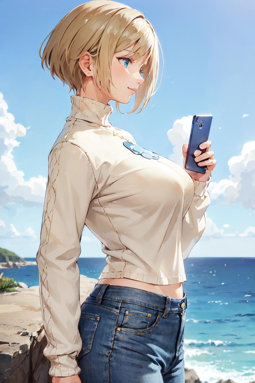 (( a woman standing on a cliff, holding smartphone:1.3, sea, clouds, blue sky, from side, cute smile, sweater,jeans)), beautiful eyes, beautiful girl, high detail skin, high detail eyes, high detail hair, highres, ultra detailed, sharpen picture, Highly detailed, masterpiece, best quality, photorealistic, <lora:WrestlerLoRA:0.8> 1girl, short hair,