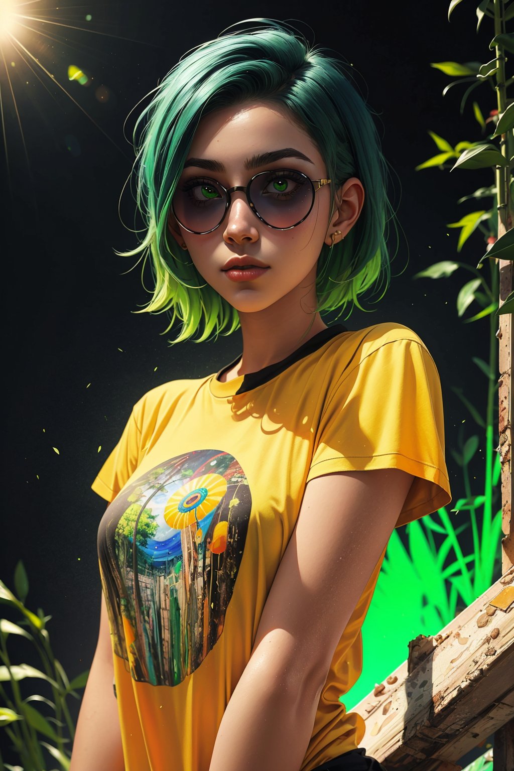 1girl, solo, a beautiful woman, 19 years old, oil painting, impasto, looking at viewer, short green hair, orange sunglass, tomboy aesthetic, yellow jacet, black t-shirt, urban psychedelic outfit, psychedelic  background, masterpiece, ,sciamano240, soft shading, soft shading, Willow Park