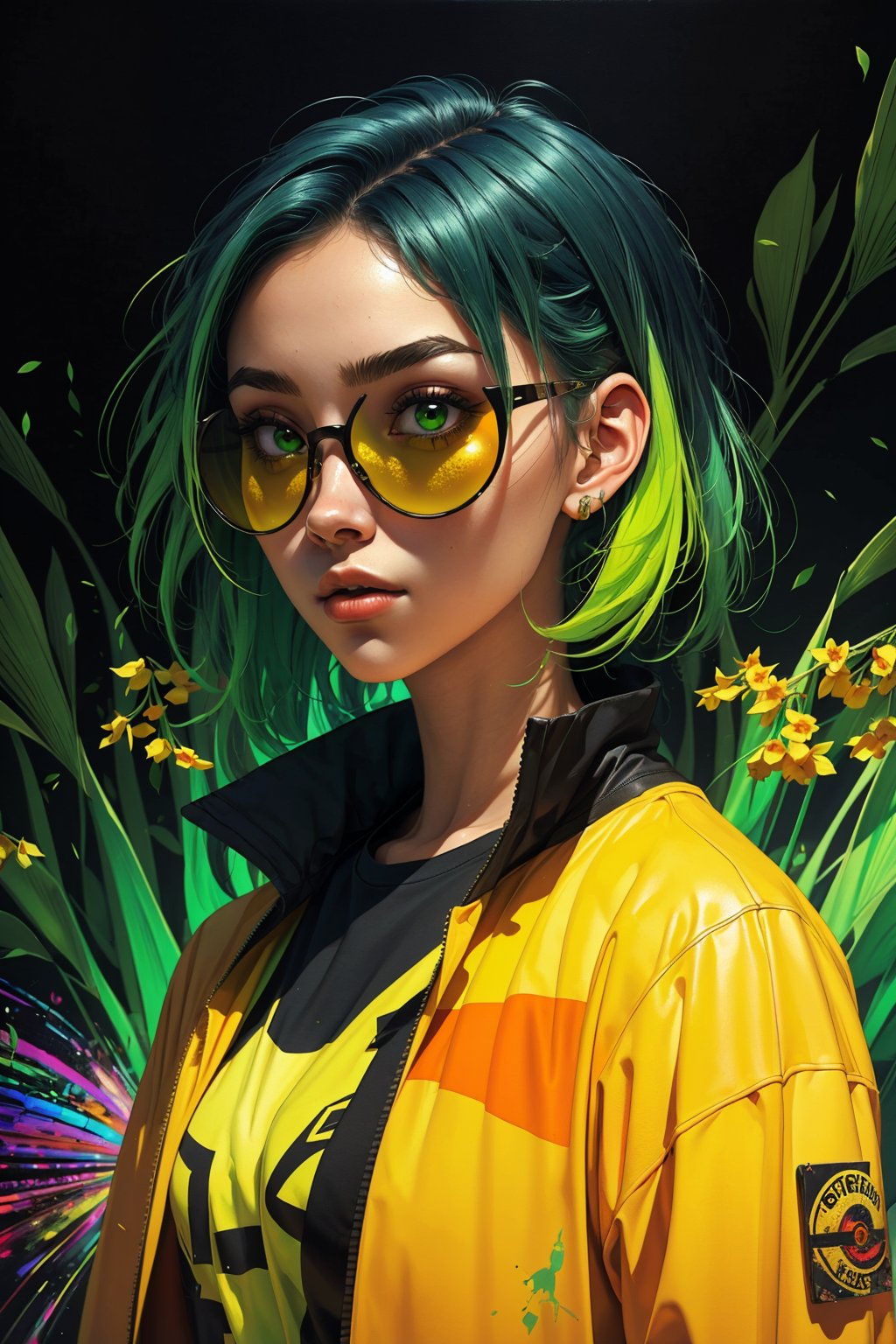 1girl, solo, a beautiful woman, 19 years old, oil painting, impasto, looking at viewer, short green hair, orange sunglass, tomboy aesthetic, yellow jacket, black t-shirt, urban psychedelic outfit, psychedelic  background, masterpiece, ,sciamano240, soft shading, soft shading, Willow Park