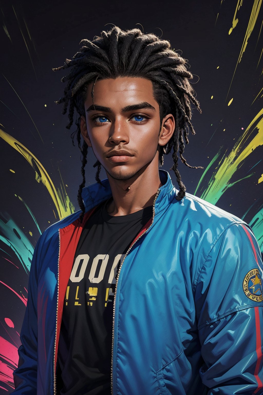 1boy, solo, a handsome man, 19 years old, oil painting, impasto, looking at viewer, short black hair, dredlocks, blue eyes, magic aesthetic, blue jacket, black t-shirt, urban psychedelic outfit, psychedelic  background, masterpiece, ,sciamano240, soft shading, soft shading, Augustus Porter