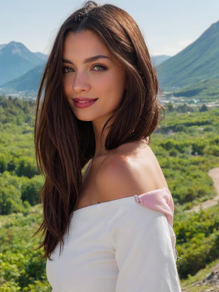  create a photo realistic women sincerely smile at viewer. Long brown hair on one shoulder, wavy hair, light grey eyes, light pink lips , georgeous, angel, wearing summer dark green blouse, upper body photo ...,photo of perfecteyes eyes,Extremely Realistic, mountains and nature in the background, light falling from right side.,Masterpiece