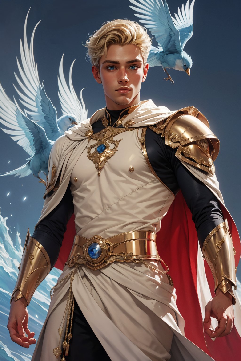 1boy, solo, a handsome man, 19 years old, oil painting, impasto, looking at viewer, blonde hair slicked back, blue eyes, magic aesthetic, white cape, silver cybernetic armor with gold ornaments, urban psychedelic outfit, psychedelic background of red birds flying, masterpiece, ,sciamano240, soft shading, soft shading, Hunter 