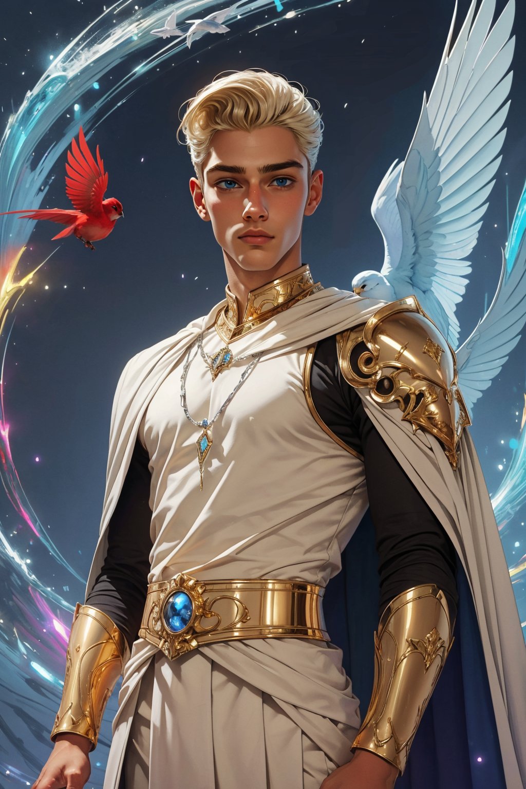 1boy, solo, a handsome man, 19 years old, oil painting, impasto, looking at viewer, blonde hair slicked back, blue eyes, magic aesthetic, white cape, silver cybernetic armor with gold ornaments, urban psychedelic outfit, psychedelic background of red birds flying, masterpiece, ,sciamano240, soft shading, soft shading, Hunter 