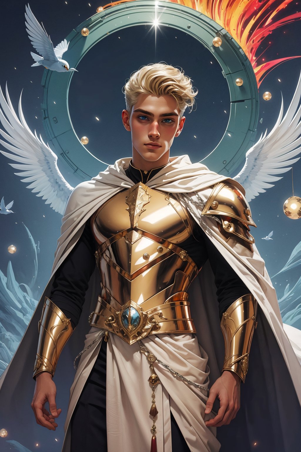 1boy, solo, a handsome man, 19 years old, oil painting, impasto, looking at viewer, blonde hair slicked back, blue eyes, magic aesthetic, white cape, silver cybernetic armor with gold ornaments, urban psychedelic outfit, psychedelic background of red birds flying, masterpiece, ,sciamano240, soft shading, soft shading, Hunter 