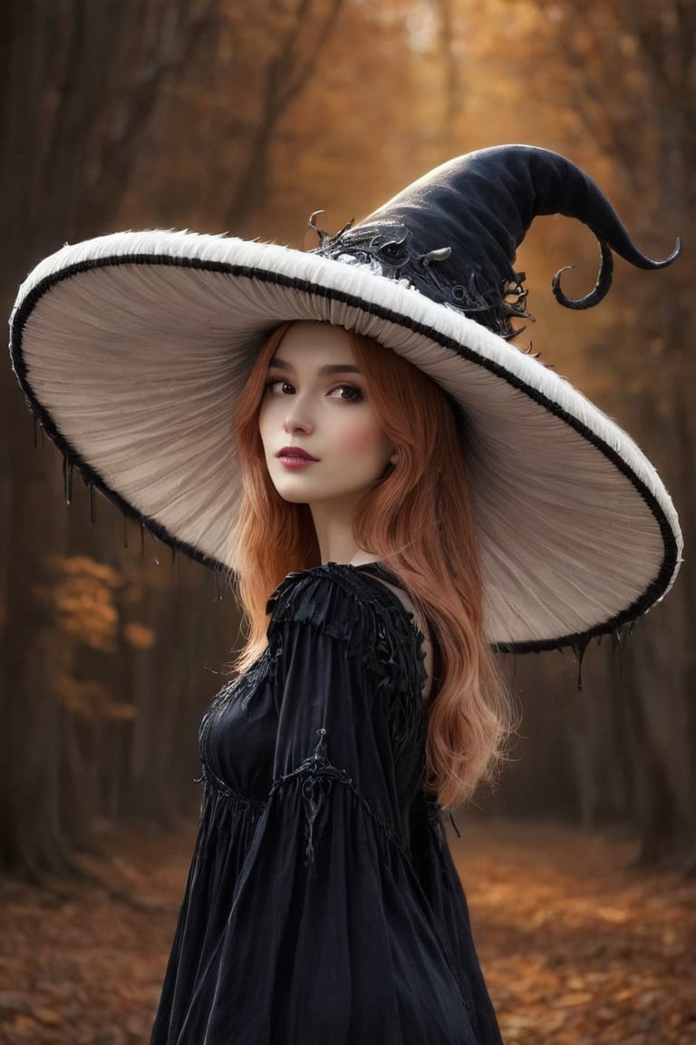 by alena aenami and todd lockwood, sabbas apterus and yoshitaka amano, a witch brewing a potion in a alchemy lab!!!, wearing an inkycapwitchyhat with a dripping brim!! Prominent mushroom-style-gills under the brim, extra wide hat brim, lace detailed sexy dress, holding a smoking potion bottle, stylized smoke, magical glow in mystical fog, herbs hanging to dry, colorful bioluminescence potion bottles carefully arranged on a shelf, scrolls books and knick-knacks, owl perched over the top shelf, mystical mood, atmospheric perspective, soft cinematic light, sharp focus, intricate and complex masterpiece, cgsociety and artstation award-winning concept art style,InkyCapWitchyHat,gilled-brim,Decora_SWstyle,Gilled-Brim