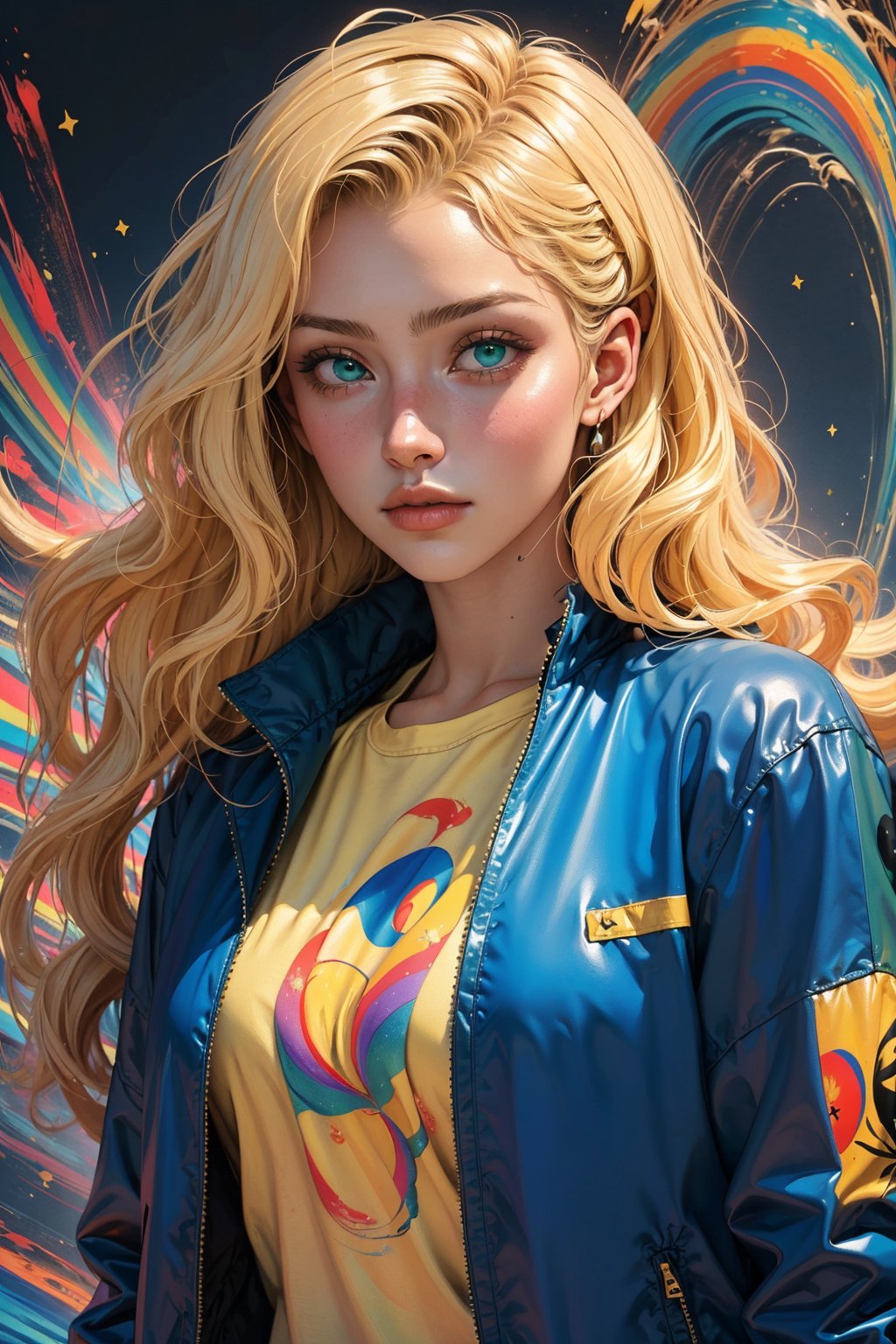 1girl, solo, a beautiful woman, 19 years old, oil painting, impasto, looking at viewer, long wavy blonde rainbow hair, blue_green eyes, tomboy aesthetic, blue jacket, yellow t-shirt, urban psychedelic outfit, psychedelic  background, masterpiece, ,sciamano240, soft shading, soft shading, Vee