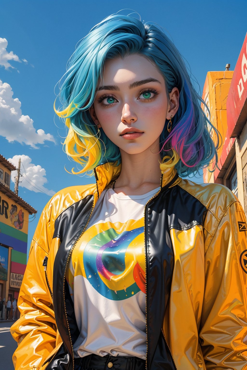 1girl, solo, a beautiful woman, 19 years old, oil painting, impasto, looking at viewer, wavy multicolored rainbow hair, yellow,  blue_green eyes, tomboy aesthetic, blue jacket, yellow t-shirt, urban psychedelic outfit, psychedelic  background, masterpiece, ,sciamano240, soft shading, soft shading, Vee