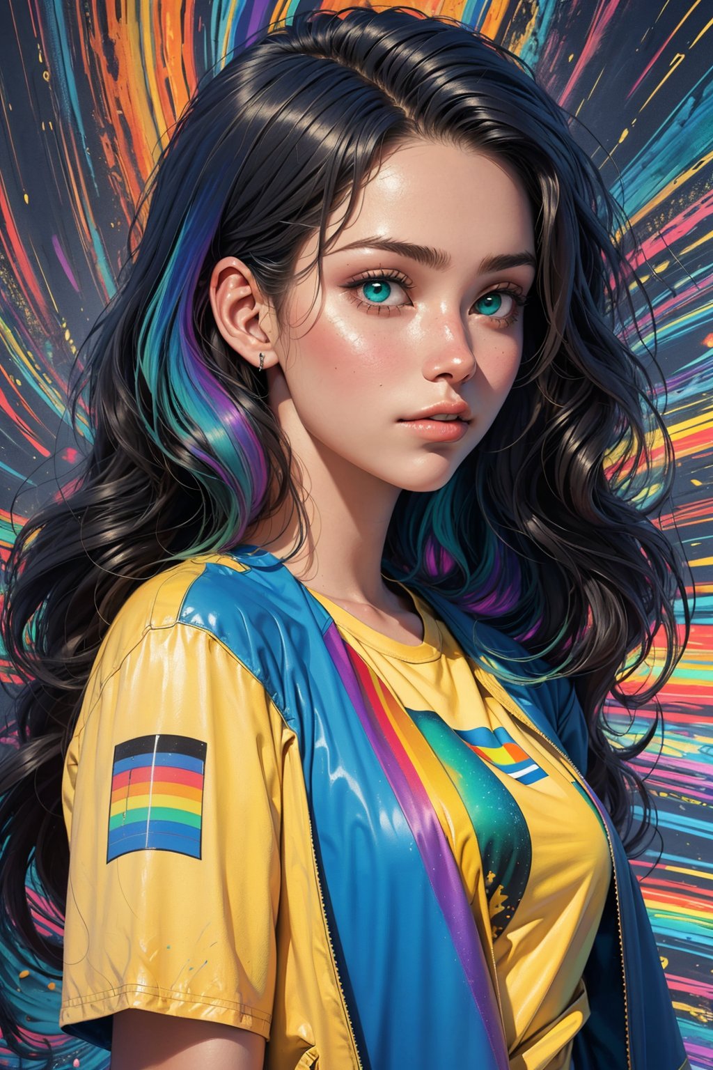 1girl, solo, a beautiful woman, 19 years old, oil painting, impasto, looking at viewer, long wavy rainbow hair, blue_green eyes, tomboy aesthetic, blue jacket, yellow t-shirt, urban psychedelic outfit, psychedelic  background, masterpiece, ,sciamano240, soft shading, soft shading, Vee