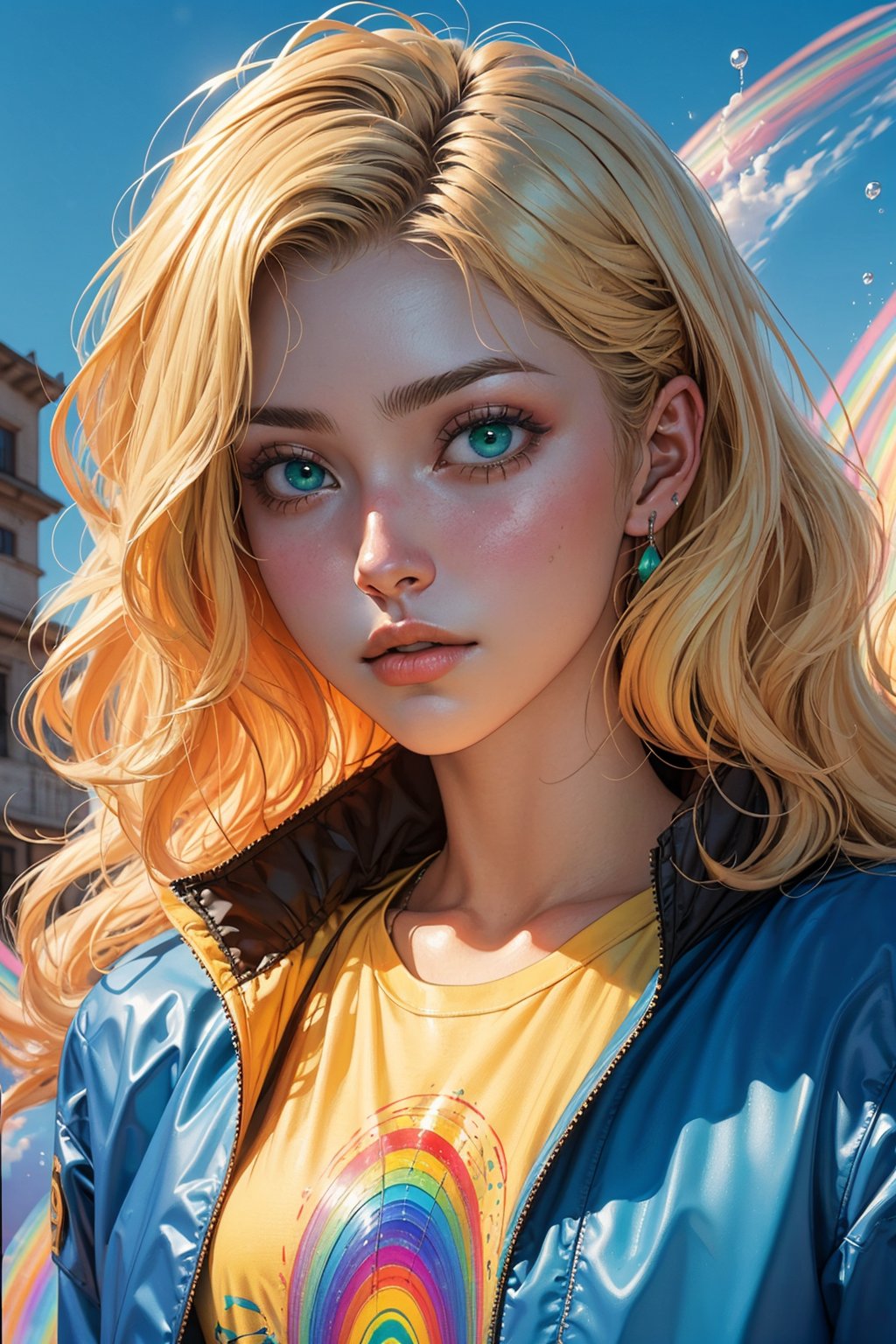 1girl, solo, a beautiful woman, 19 years old, oil painting, impasto, looking at viewer, long wavy blonde rainbow hair, blue_green eyes, tomboy aesthetic, blue jacket, yellow t-shirt, urban psychedelic outfit, psychedelic  background, masterpiece, ,sciamano240, soft shading, soft shading, Vee