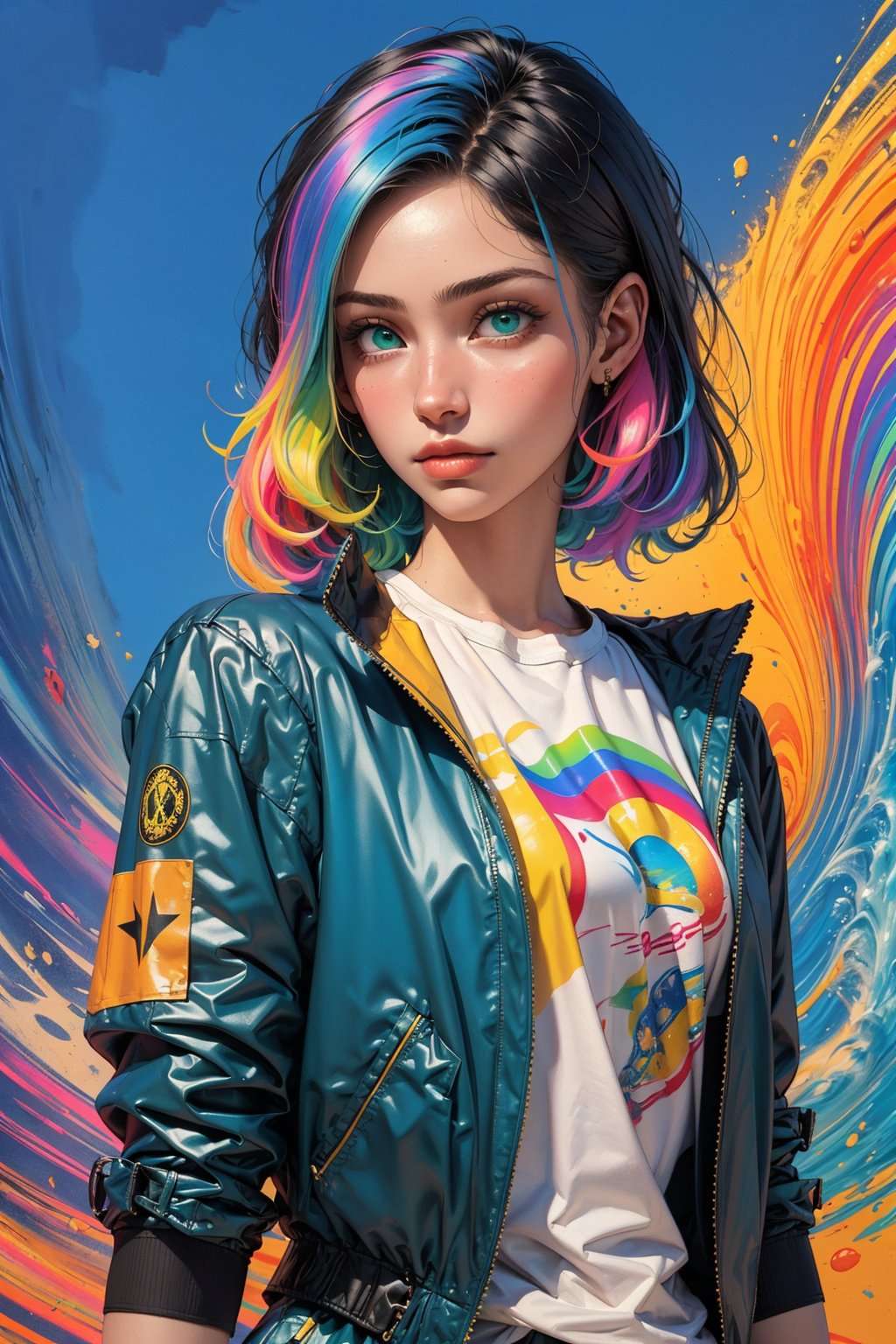 1girl, solo, a beautiful woman, 19 years old, oil painting, impasto, looking at viewer, wavy multicolored rainbow hair, blue_green eyes, tomboy aesthetic, blue jacket, yellow t-shirt, urban psychedelic outfit, psychedelic  background, masterpiece, ,sciamano240, soft shading, soft shading, Vee