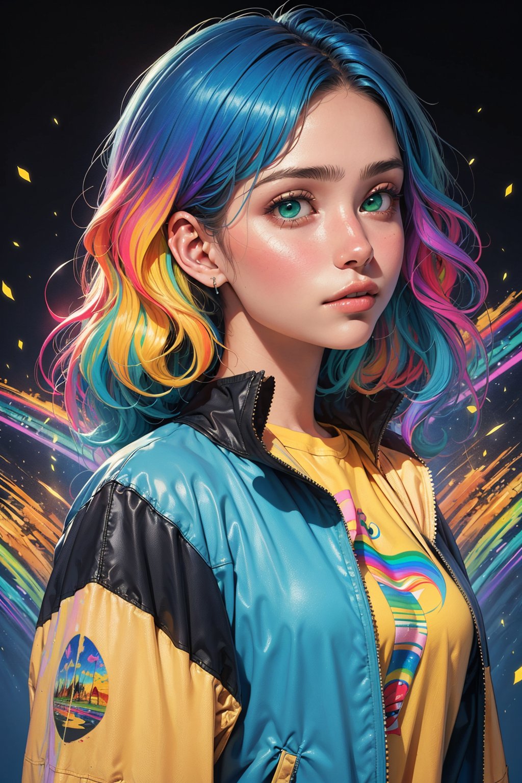 1girl, solo, a beautiful woman, 19 years old, oil painting, impasto, looking at viewer, wavy multicolored rainbow hair, blue_green eyes, tomboy aesthetic, blue jacket, yellow t-shirt, urban psychedelic outfit, psychedelic  background, masterpiece, ,sciamano240, soft shading, soft shading, Vee